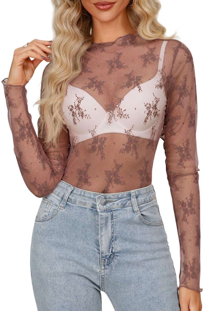 Inovra- Mesh-top Dames - Transparant Ontwerp - Lange Mouwen - Bloemenpatroon - Ademend Materiaal - Elegante Sensualiteit - Blouse