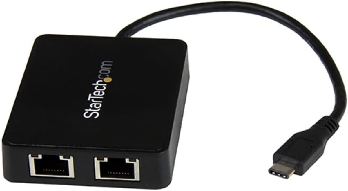 Thijox - USB-C naar Dual Gigabit Ethernet Adapter met USB (Type-A) poort, RJ45 LAN Gigabit Netwerkadapter voor Laptop en Desktop, Plug-and-Play, Geen