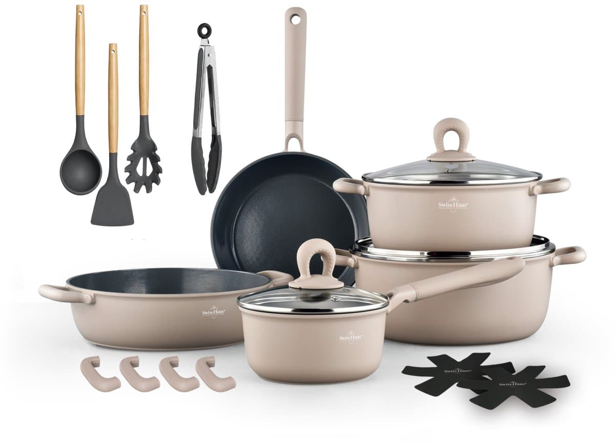 Swiss Haus® ZL3018BE Pannenset Inductie - 18 Delige Pannensets - PFAS Vrij - Set Met Koekenpan, Kookpotten, Hapjespan & Steelpan - Pannen Voor Alle Warmtebronnen - Pan met Sapphire™ Antiaanbaklaag - Beige