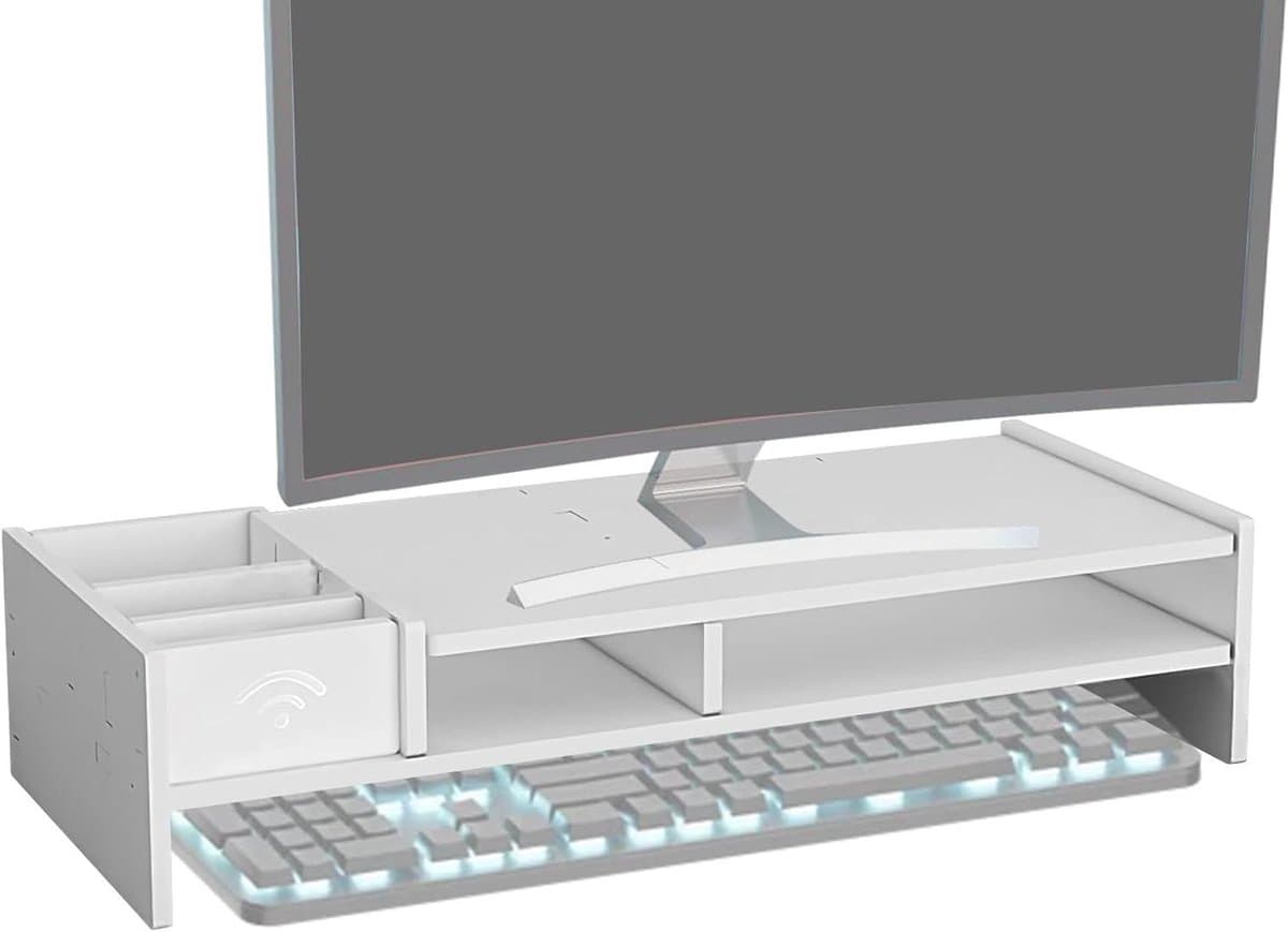 Monitor Verhoger - Bureau Organizer - Werkplek Verbeteren - Stofdichte Opbergruimte - 49 cm Lengte - Wit