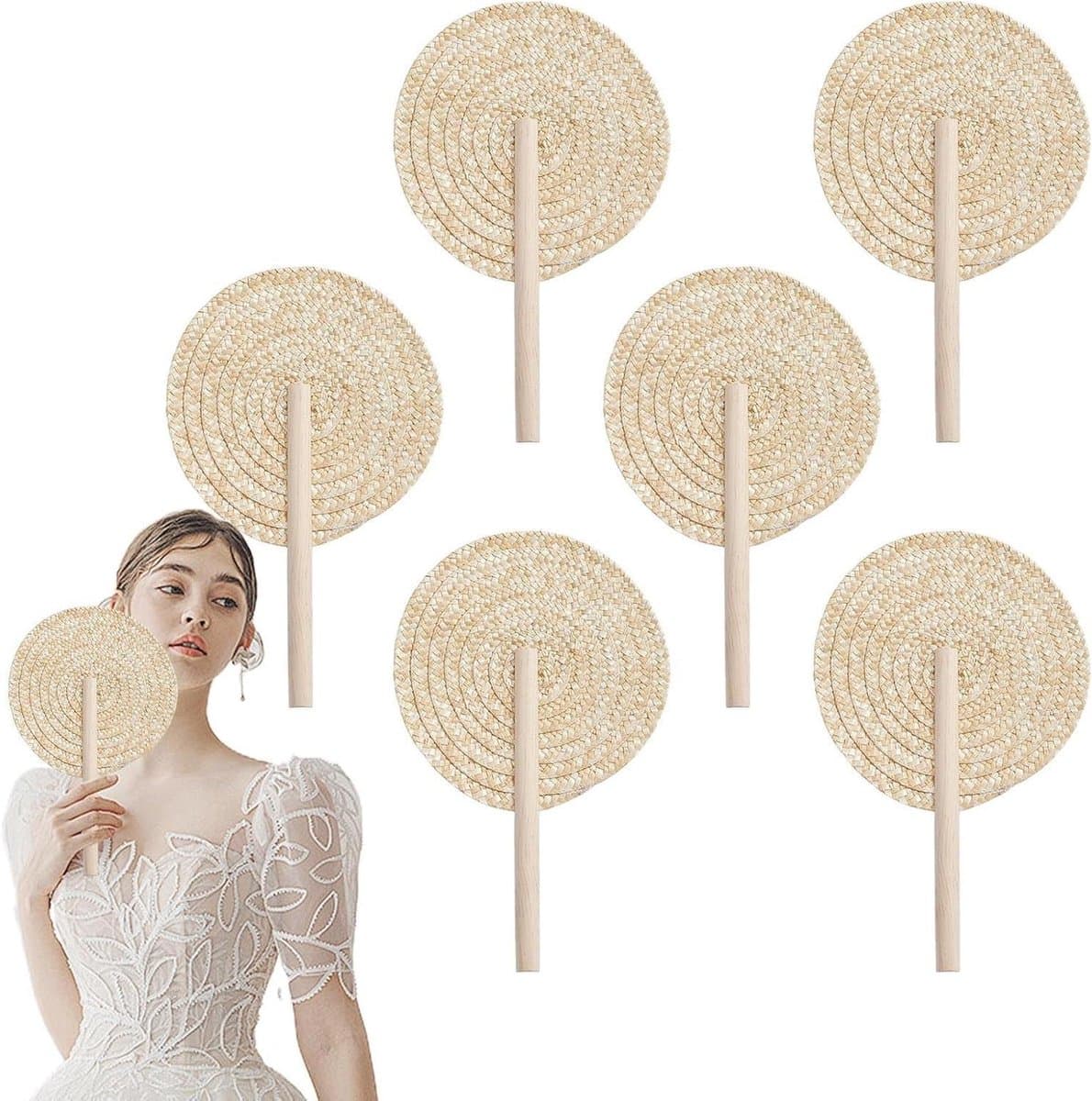 Gevlochten Raffia Waaiers - Handgeweven Handgemaakte Waaiers - Decoratie en Koeling - Handgemaakt Bohemian Design - 6 Stuks - Natuurlijk