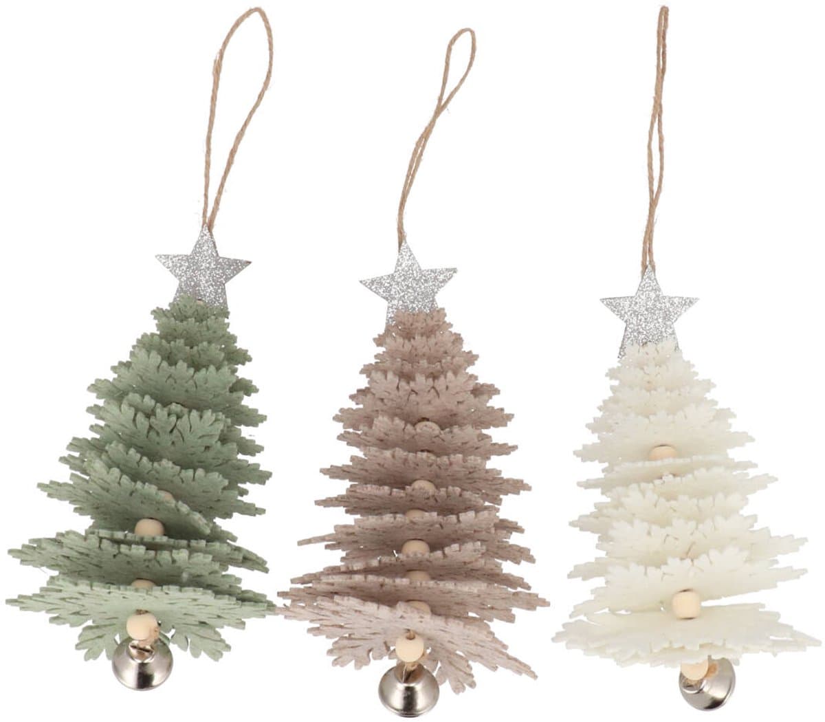 Daan Kromhout - Set van 3 - Kersthangers - Kerstboom - Vilt & Hout - Met Belletje - 11x30 cm - Groen,Wit,Taupe