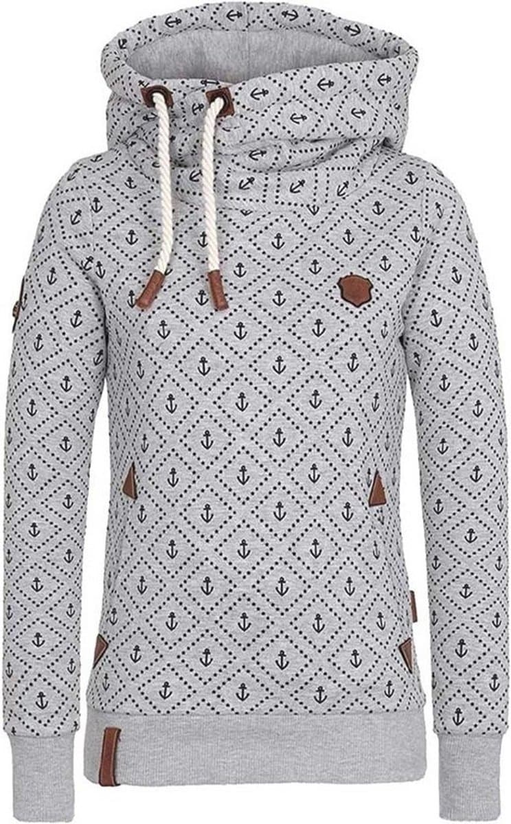 Dames Sweatshirt met Capuchon - Lange Mouwen - Hartprint en Ankerpatroon - Fleece Jas voor Herfst en Winter