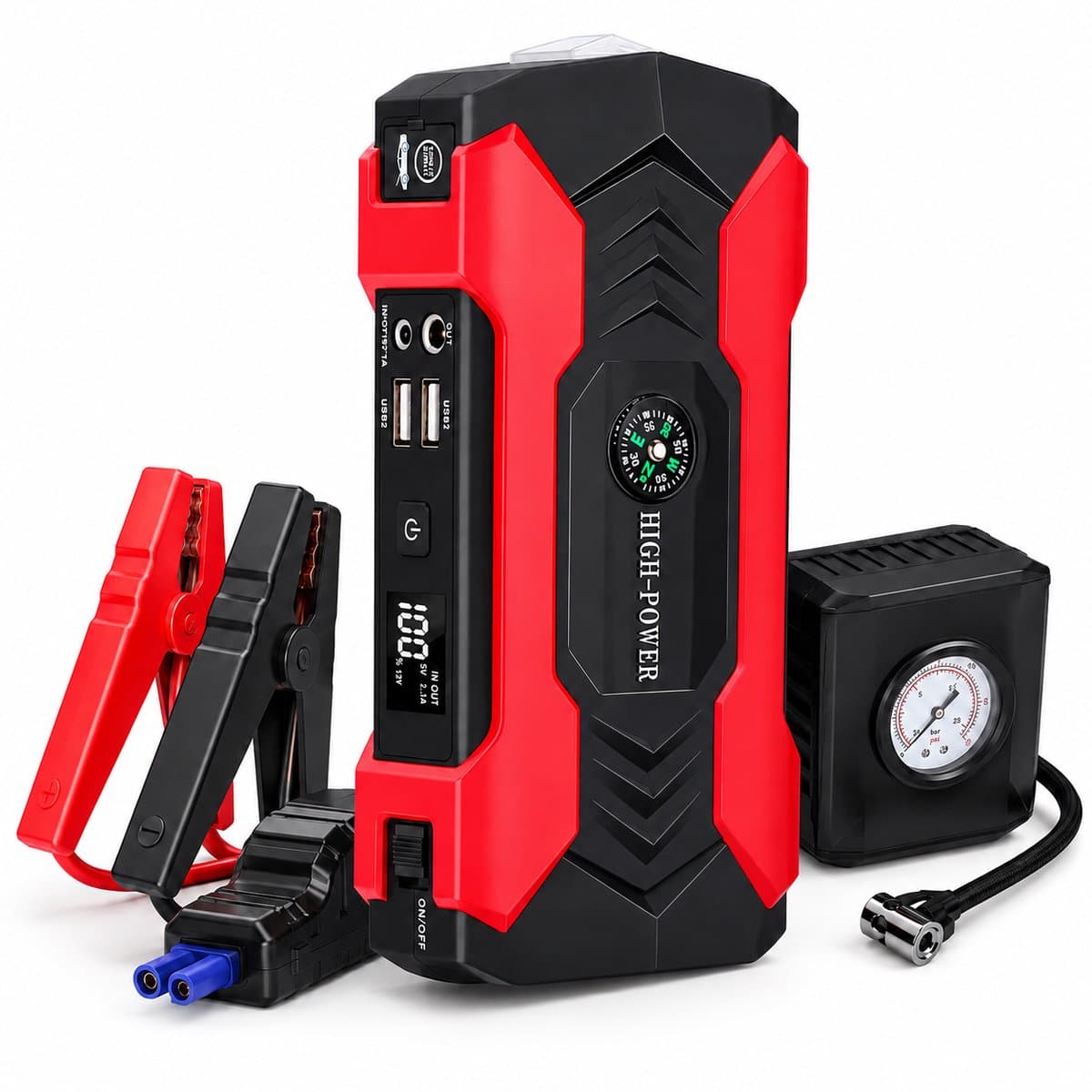 Gloovon® - Jumpstarter voor Auto & Motor - Jumpstarter Met Compressor - 12V - 7200 mAh - Starthulp - Noodverlichting - Startkabels - Compressor Bandenpomp - LED-scherm & Powerbank - Incl. Opbergkoffer - Noodpakket