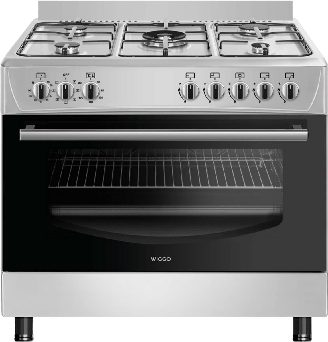 Wiggo WO‑E905R(XX) – Vrijstaand gasfornuis – 90 cm – 5 kookzones met wokbrander – 110L elektrische oven – Roestvrijstaal – Elektrische vonkontsteking & vlambeveiliging – Energieklasse B – 5 jaar garantie