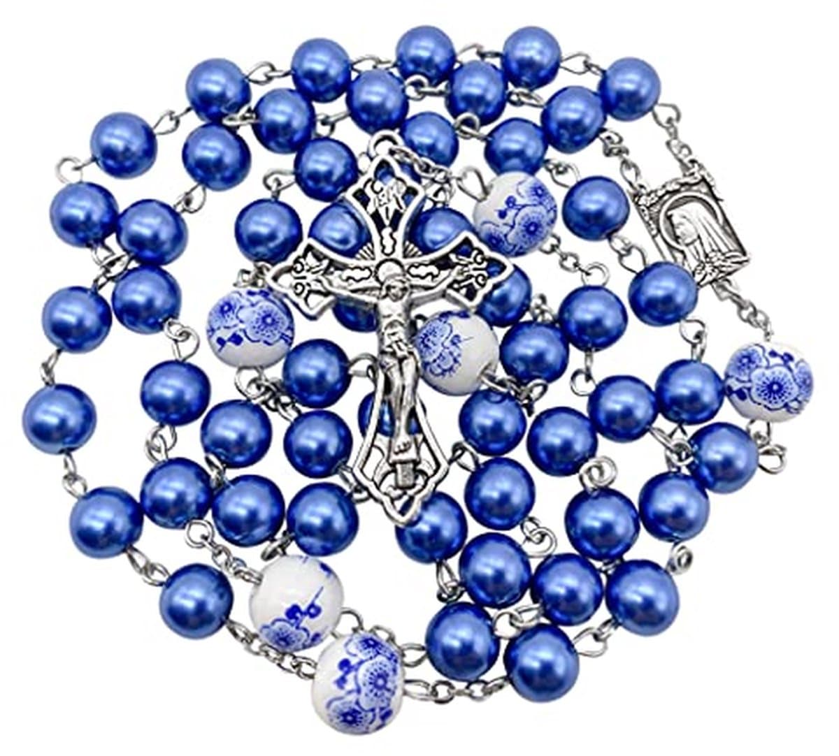 Parel Rozenkrans Ketting - Gebedsketting Religieus - Spirituele Meditatie - Keramische Bloemen Kralen - 53 cm - Blauw