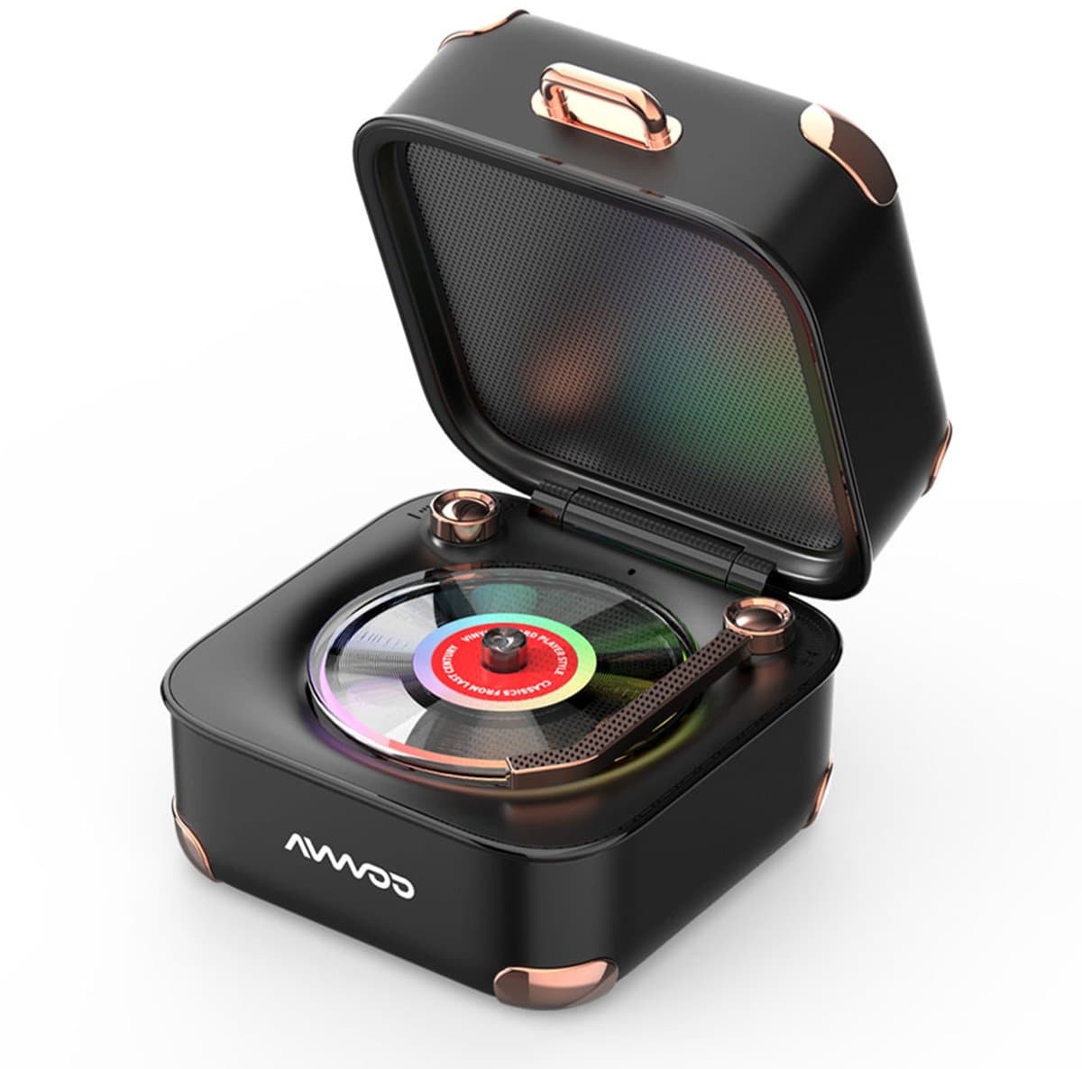 KINSI Retro platenspeler bluetooth luidspreker, 360° stereogeluid, compact speaker met RGB-verlichting