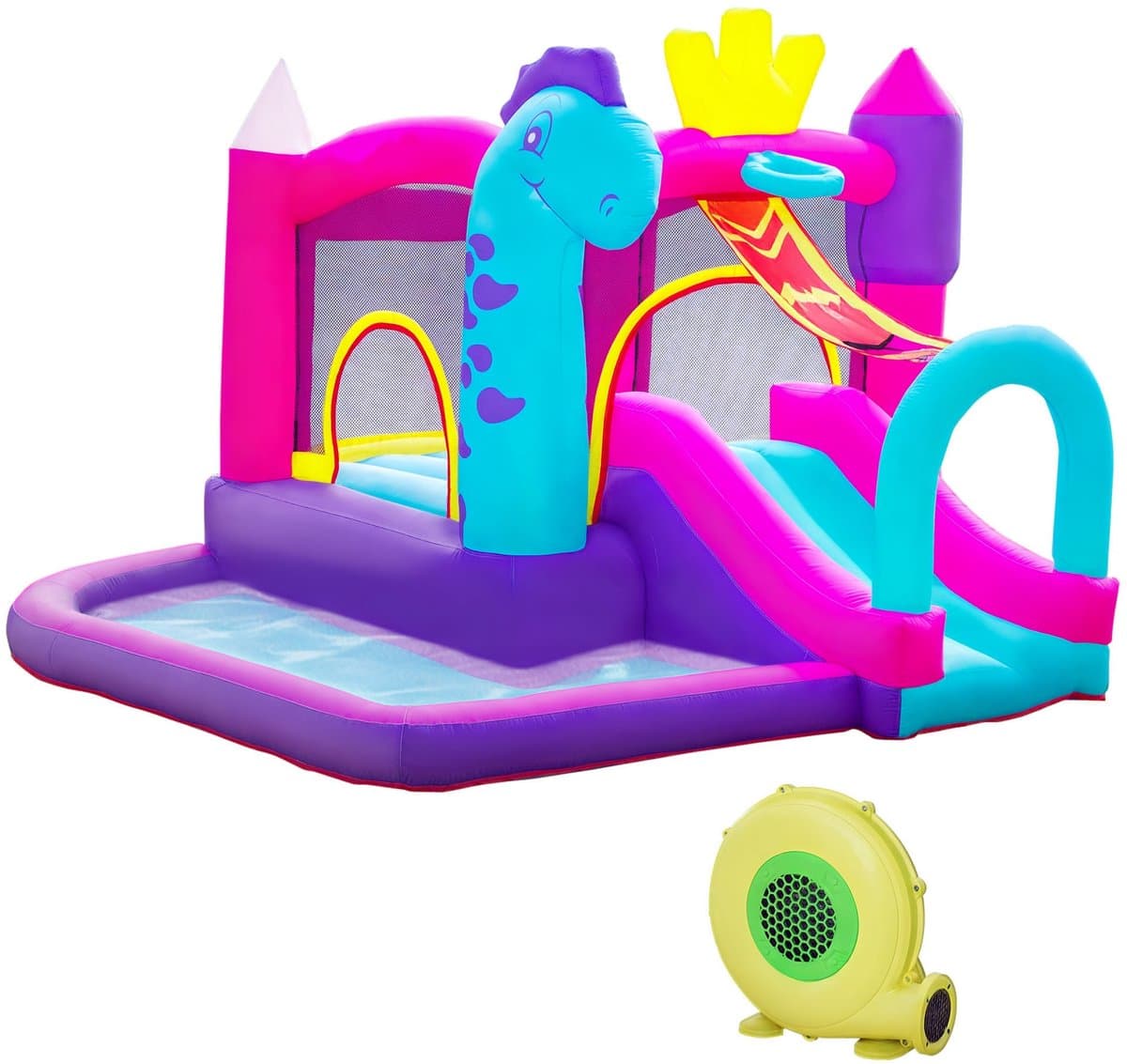 TEKROA® Opblaasbaar Springkussen met Glijbaan - Trampoline - Zwembad & Blower (350W) - Voor 3 Kinderen (3+ Jaar) - 300x270x200cm