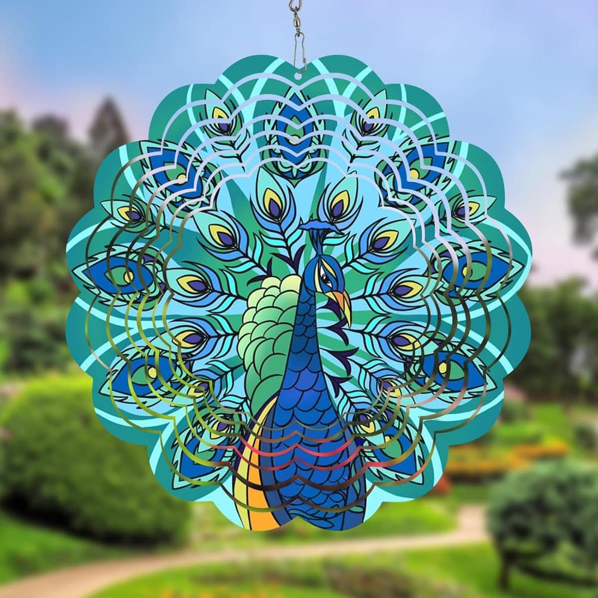 Pauw windspinner, 30×30×1 cm roestvrij staal, kleurrijke hangdecoratie voor tuin, vogelverjager met draaibare haak