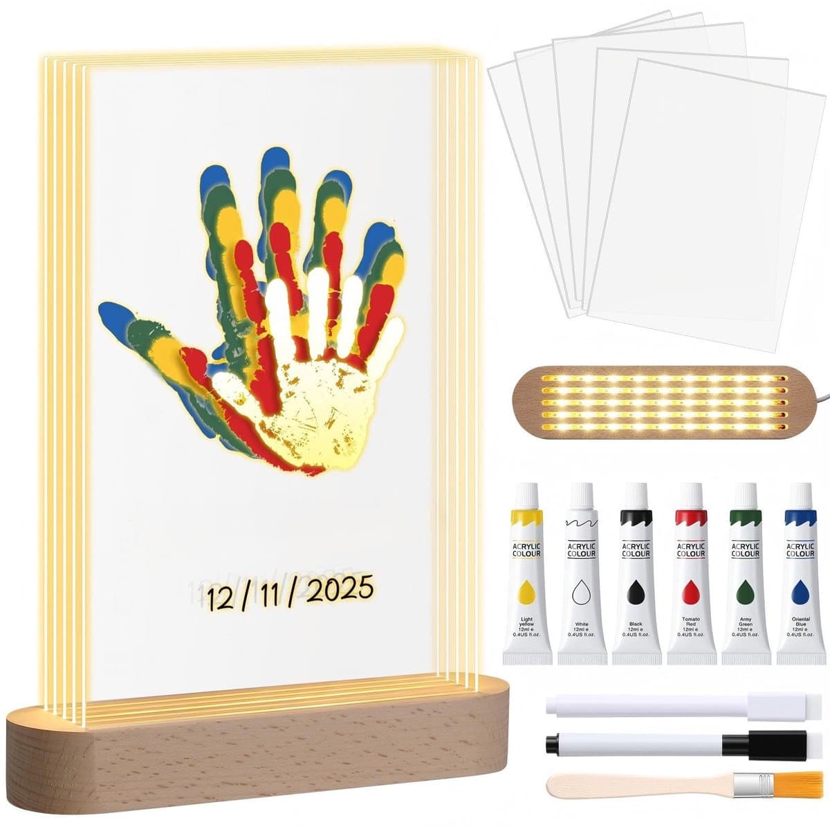 Omgoods - Handprint Set voor het Hele Gezin - LED Nachtlamp met Fotolijst voor Hand- en Voetafdrukken