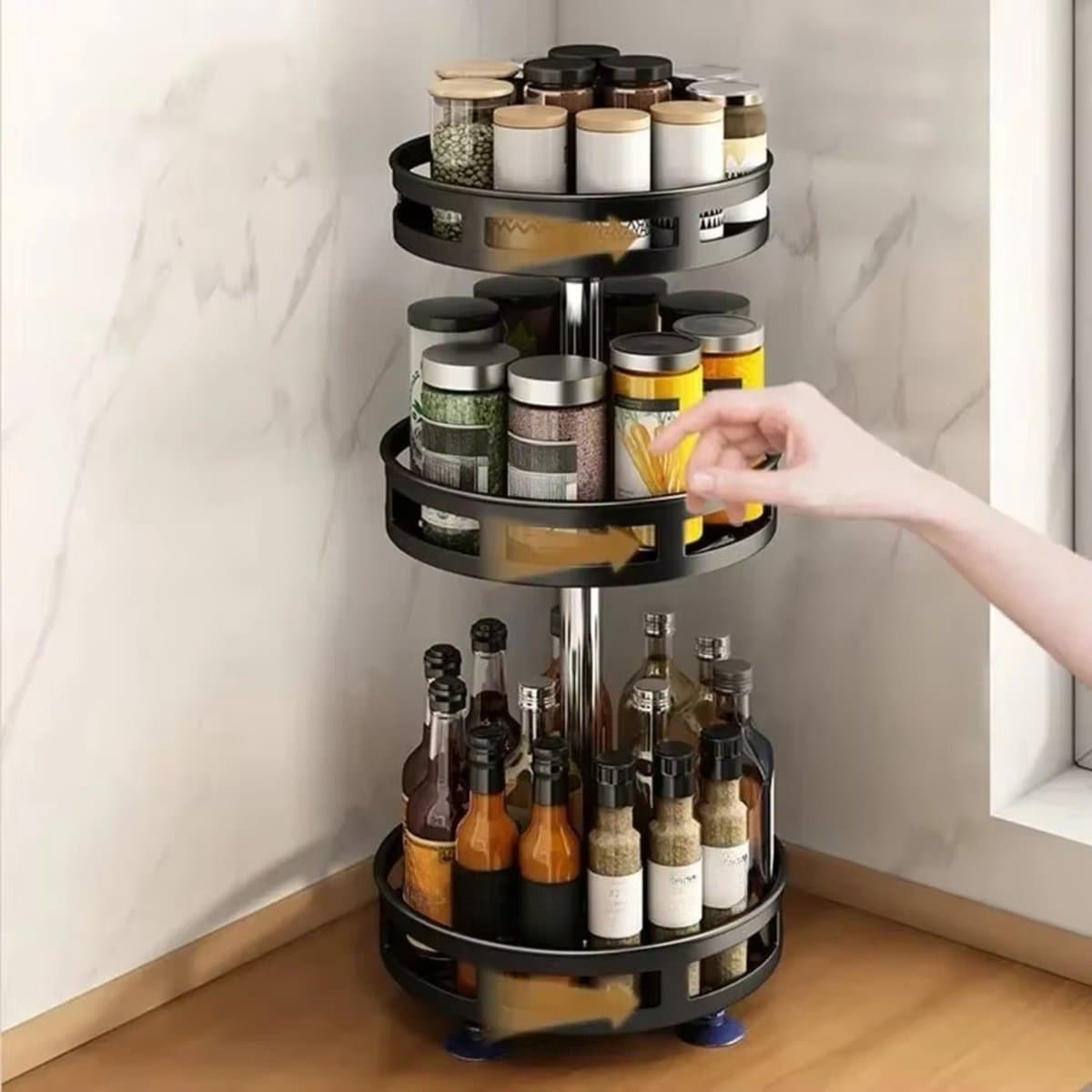 Multifunctioneel keukenrek, keukenkruidenrek van koolstofvezel, stalen 360° draaibaar kruidenrek met opbergbakje voor op het aanrecht
