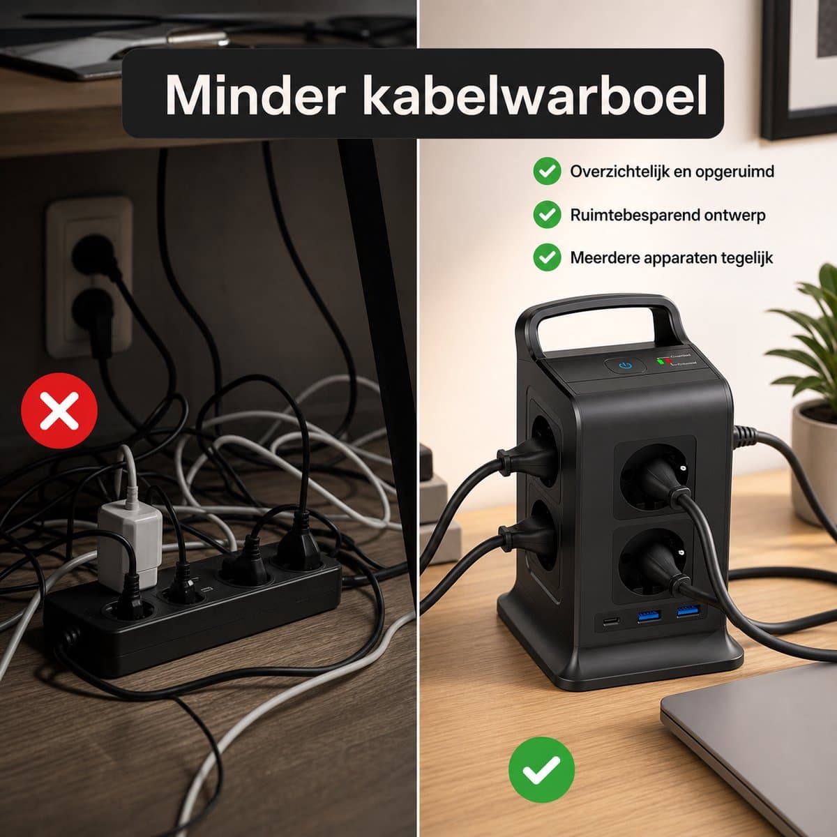 Sogiol Stekkerdoos - Stekkerdoos Toren - met Overspanningsbeveiliging - Powercube - 4000W - 8 Stopcontacten, 1 USB-C (20W PD) & 2 USB-A