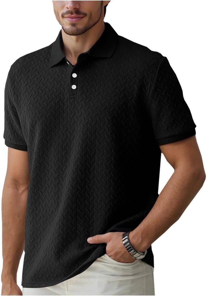 Kraftverdia® Heren Poloshirt – Jacquard Polo met Korte Mouwen – Ademend en Comfortabel – Duurzaam Zomershirt – Zwart – M