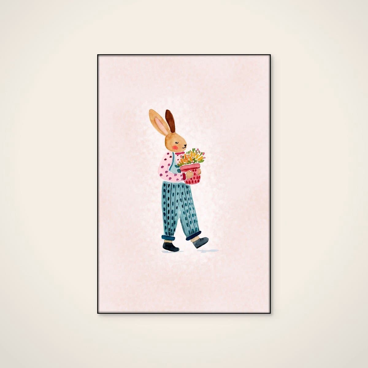 Akoestisch schilderij - 80 x 120 cm - Whimsical Bunny with Flowers van Abigail Morales - Abstracte wanddecoratie - zwart textielframe