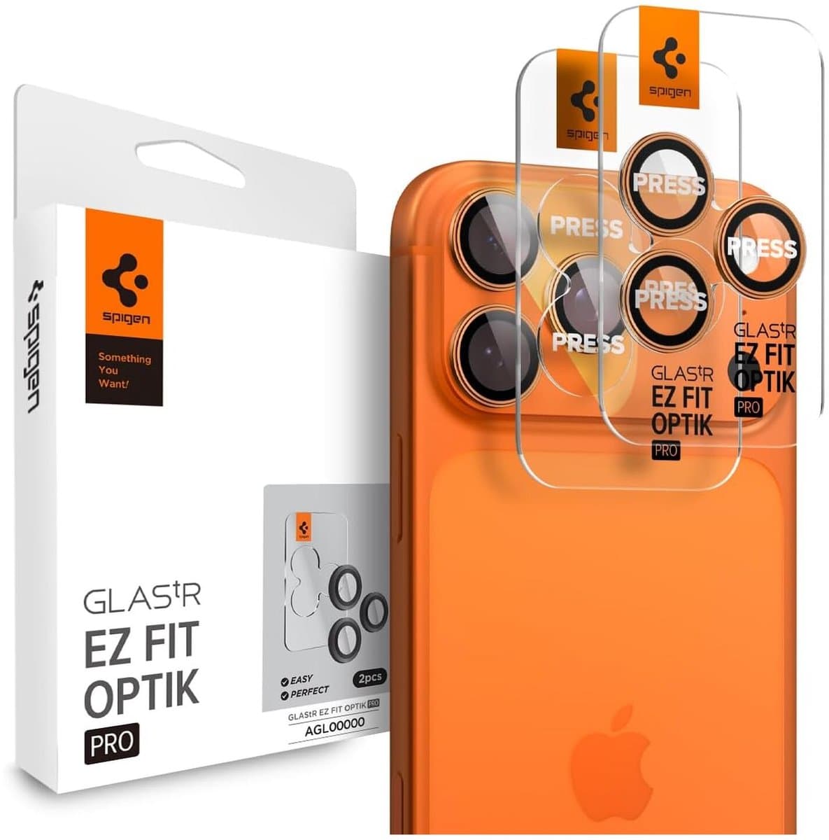 Spigen Optik Pro EZ Fit Lens Protector - Cameralens bescherming (2-pack) geschikt voor Apple iPhone 17 Pro (Max) / 16 Pro (Max) / 15 Pro (Max) / 14 Pro (Max) - Oranje