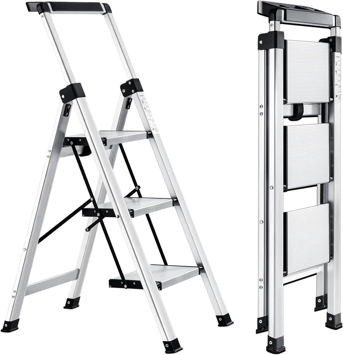 Trapladder met leuning - Vouwladder huishouden - Klusjes in huis - Met gereedschapsbak - 3 treden - Zilver
