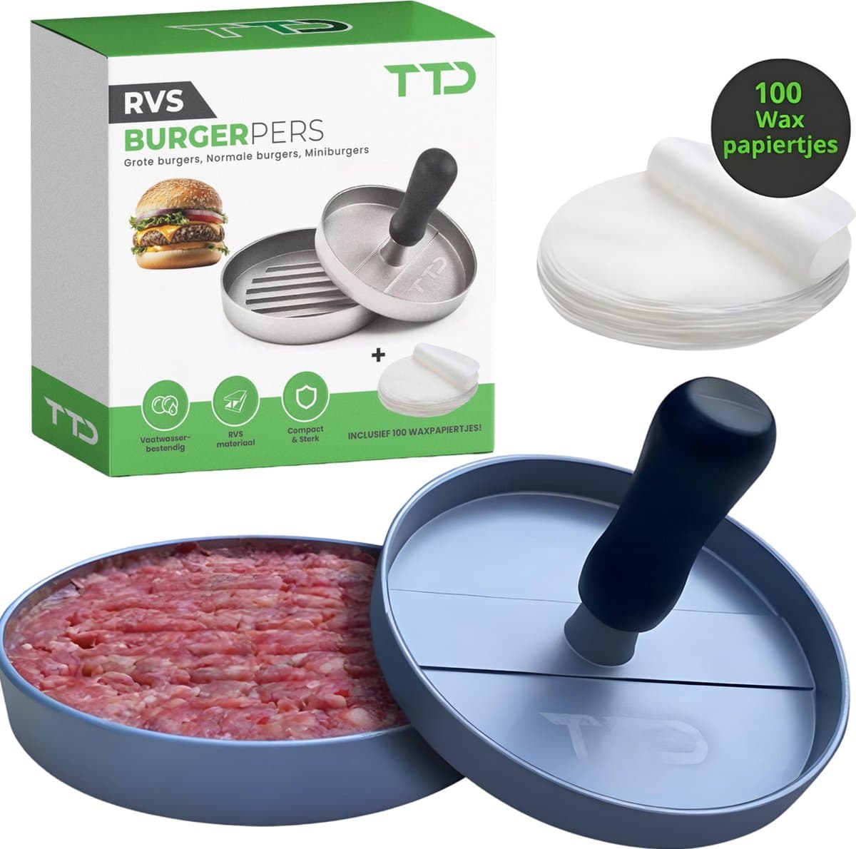 TTD® Hamburgerpers en Hamburgermaker - Smash Burger - Hittebestendig - Strakke Grillgroeven - BBQ Accesoires - BBQ Gereedschap - Barbecue Accessoires - Burger Press - Vaatwasserbestendig - Inclusief 100 Waxpapiertjes - RVS