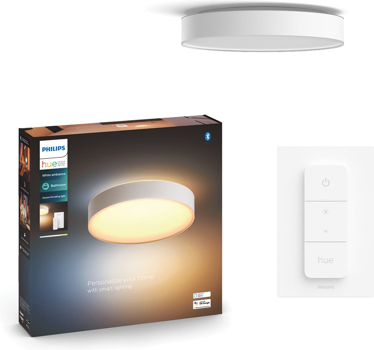 Philips Hue Devere M White Ambiance badkamerplafondlamp Wit + dimmer