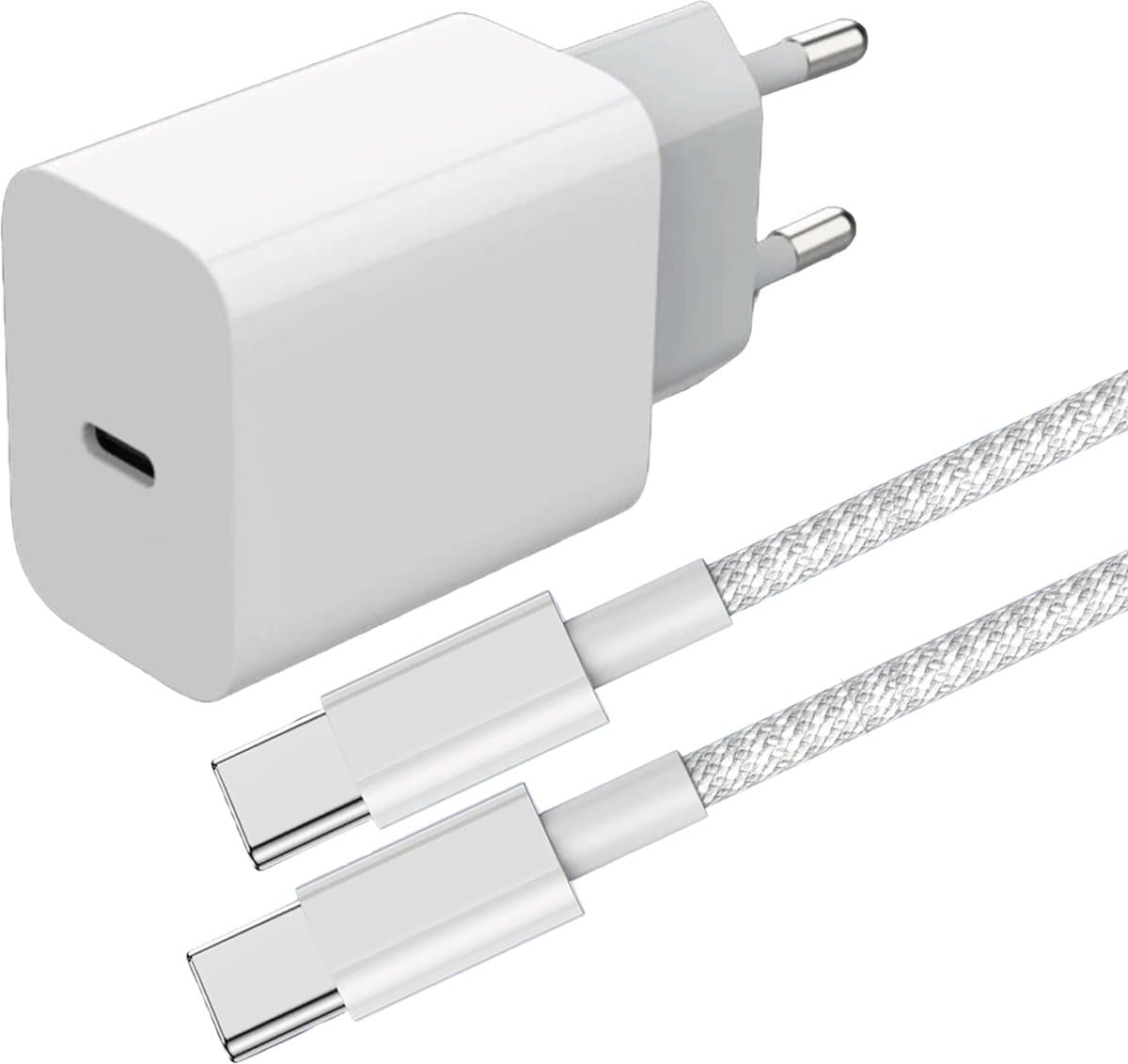 65W USB Adapter + 2 Meter Kabel - Geschikt voor Oplaadkabel iPhone 15, iPhone 16 Series en Samsung Devices - Stekkerblok met USB C Kabel - GaN Snellader - Nylon Gevlochten - Wit