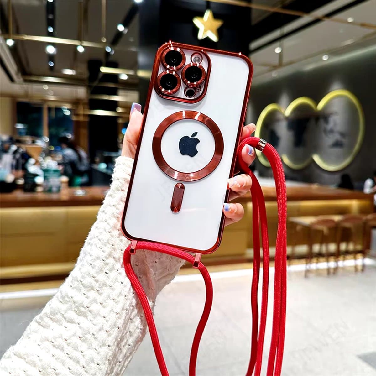 iPhone 13 Pro Magsafe Silicone Hoes met Koord / Touwtje - Rood