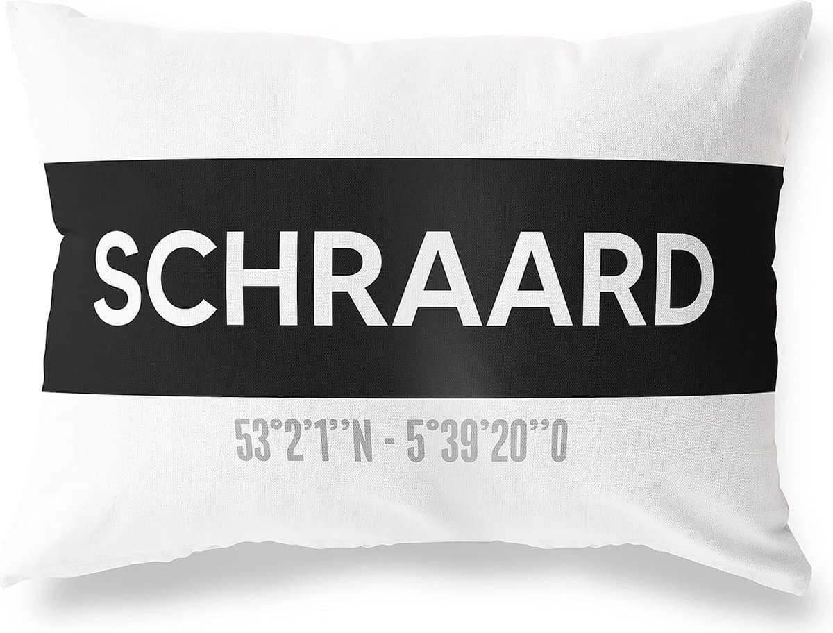 Tuinkussen SCHRAARD - FRIESLAND met coördinaten - Buitenkussen - Bootkussen - Weerbestendig - Jouw Plaats - Studio216 - Modern - Zwart-Wit - 50x30cm