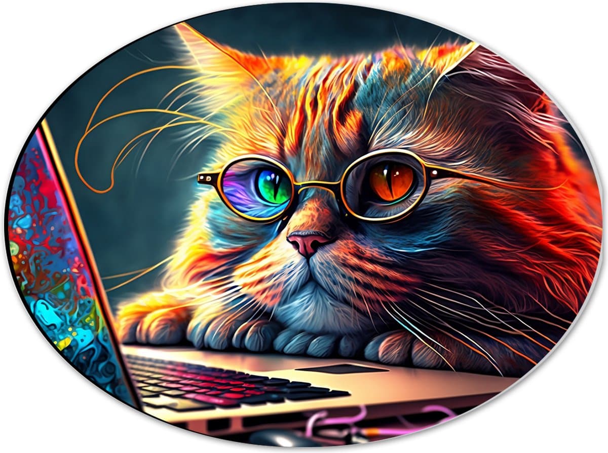 Dibond Ovaal - Kleurrijke Snuggere Kat met Bril achter Laptop - 40x30 cm Foto op Ovaal (Met Ophangsysteem)