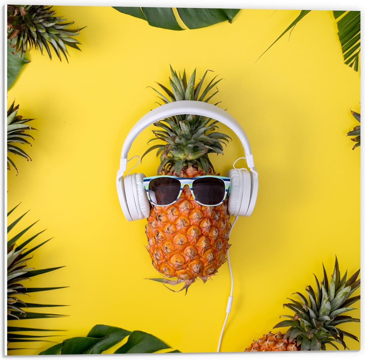 PVC Schuimplaat - Ananas met Witte Headset op Felgele Achtergrond - 50x50 cm Foto op PVC Schuimplaat (Met Ophangsysteem)