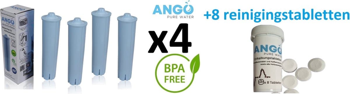 4 x Waterfilter ANGO voor Jura volautomatische koffiemachines, compatibel met Jura Blue 71311/67007 + extra ANGO Tabletten voor het reinigen en ontvetten van de koffiemachine - 8 tabletten x 2g