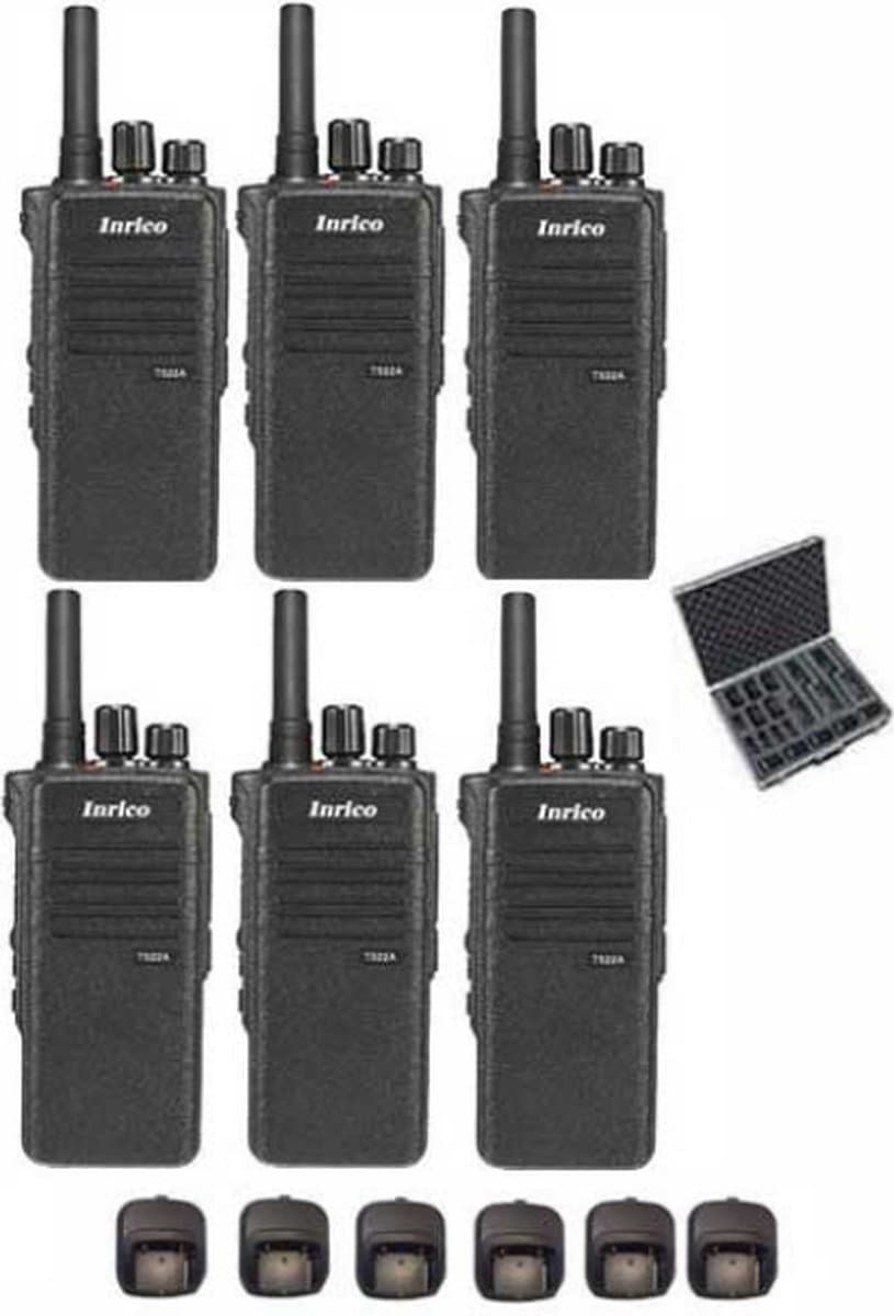 Set van 6 Inrico T522A IP66 4G LTE POC Zello Portofoon K1 2-Pins met koffer