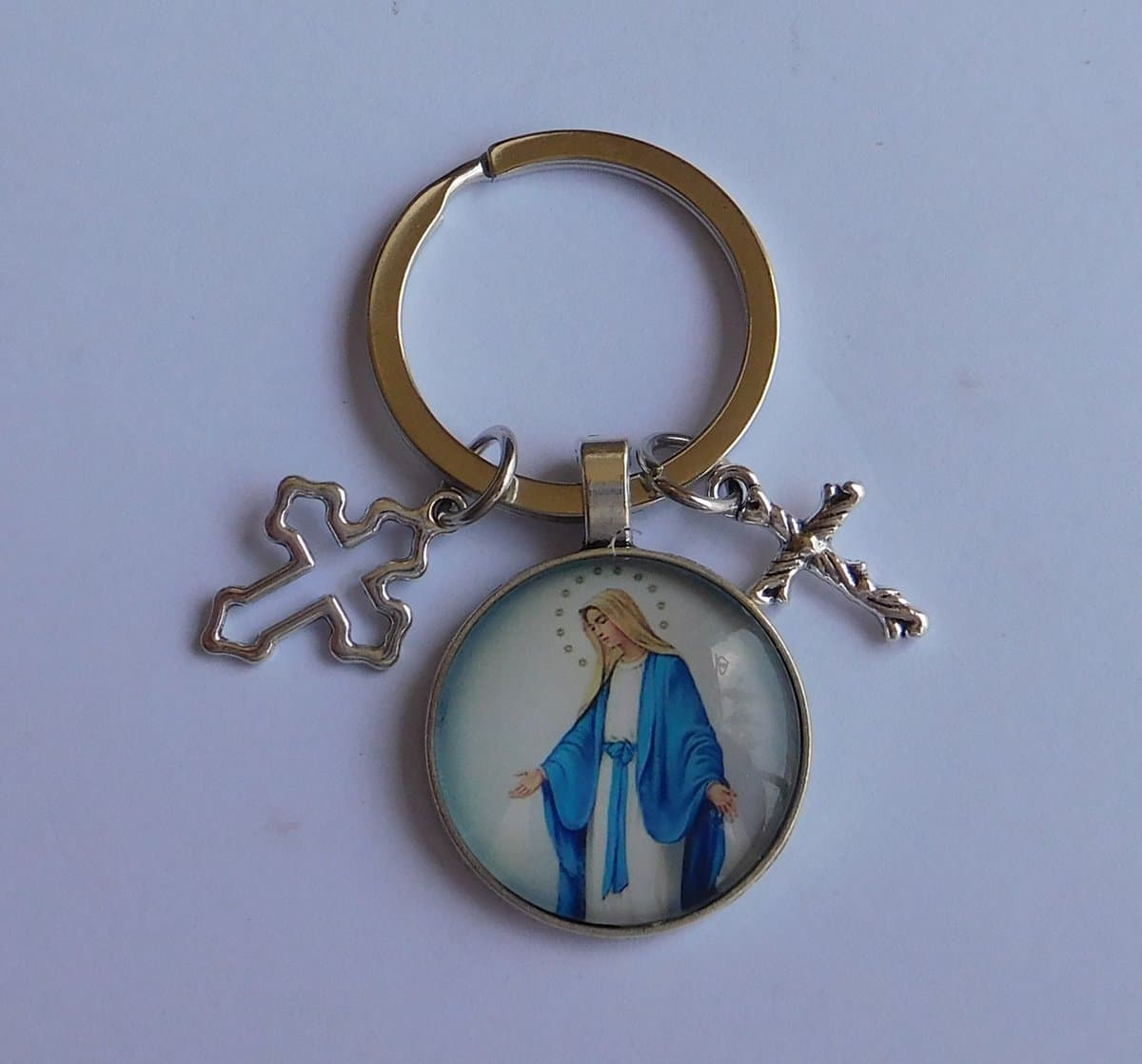 Sleutelhanger zilver Maria Wonderdadige met kruisje