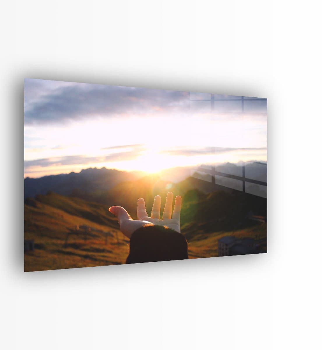 Indoorart - Glasschilderij hand naar zonsondergang 120x80 CM - Afbeelding op plexiglas - Inclusief montagemateriaal