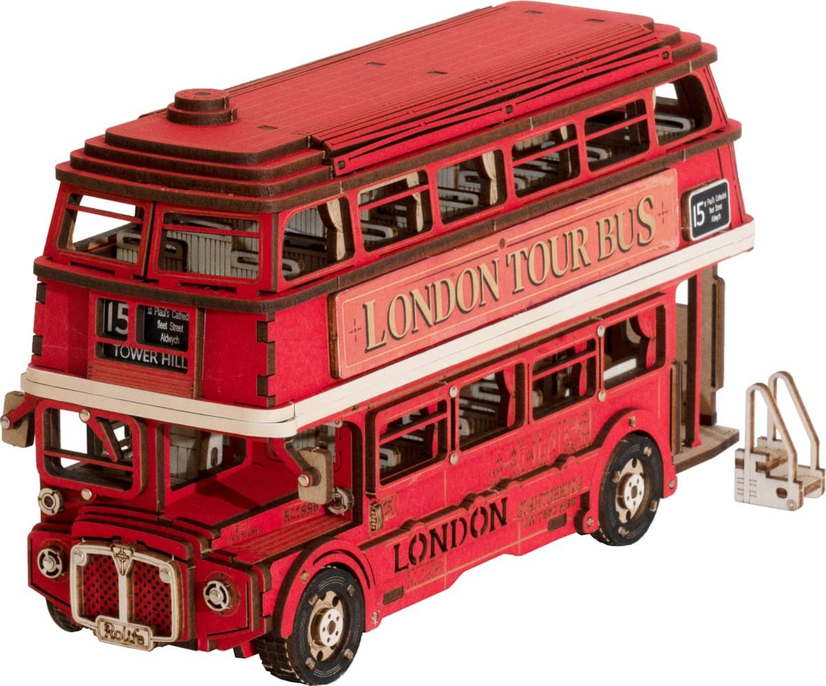 Robotime Rolife London Tour Bus houten 3D-puzzel bouwset, 19,4 x 7,8 x 11,3 cm, 1 stuk,Wooninrichting, boekenkastdecoratie,Handgemaakte cadeaus voor volwassenen en tieners,Onderwijs speelgoed