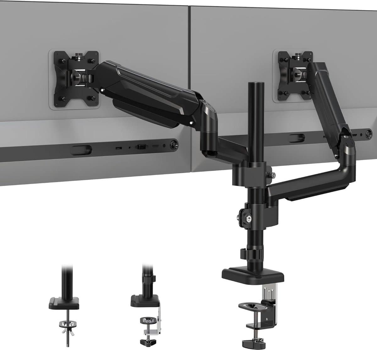 Dubbele Monitor Arm Gasveer Systeem 13-32 Inch Schermen - VESA 75x75/100x100 - Bureauklem en Doorvoergat - Tot 9kg - Zwart