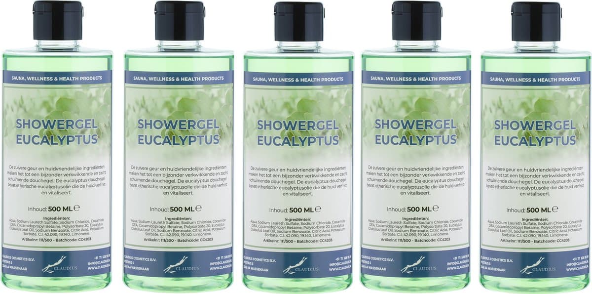 Douchegel Eucalyptus 500 ml - met klepdop - set van 5 stuks - transparant - Showergel