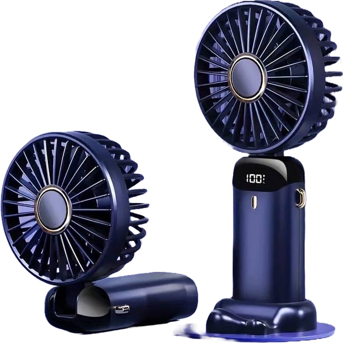 Stille Handventilator met LED Display - Navy Blauw - Draagbare Ventilator - Airco Verkoeling 5 standen USB Oplaadbaar - Tafelventilator Draadloos - Mini Fan - 5 Standen - Zomer - Waaier voor festival - Draagbare Hand Ventilator