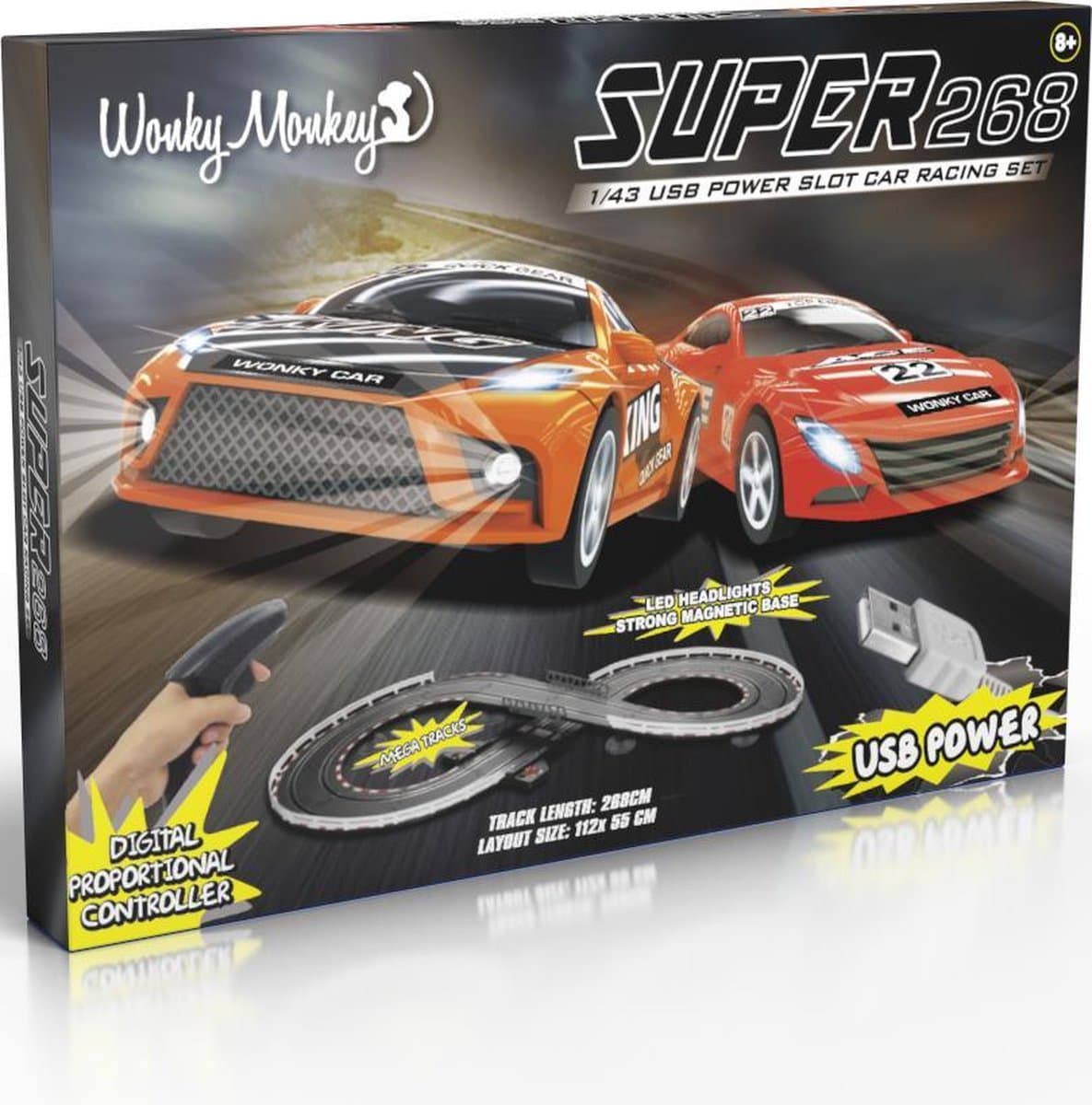 Wonkey Monkey - Racebaan - Auto Race - Wedstrijd - 5V - Met twee Auto's - Race - 2.68 m