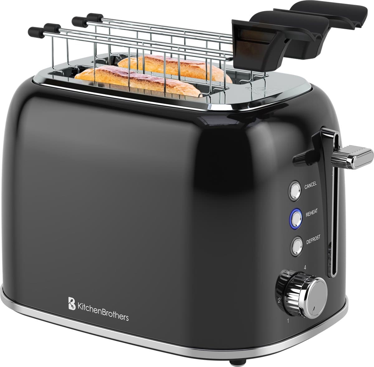 KitchenBrothers Broodrooster met Tostiklemmen - PFAS en BPA Vrij - Toaster - Tosti Ijzer - 6 Warmteniveaus - Brede Sleuven - Broodrooster - 870W - Zwart