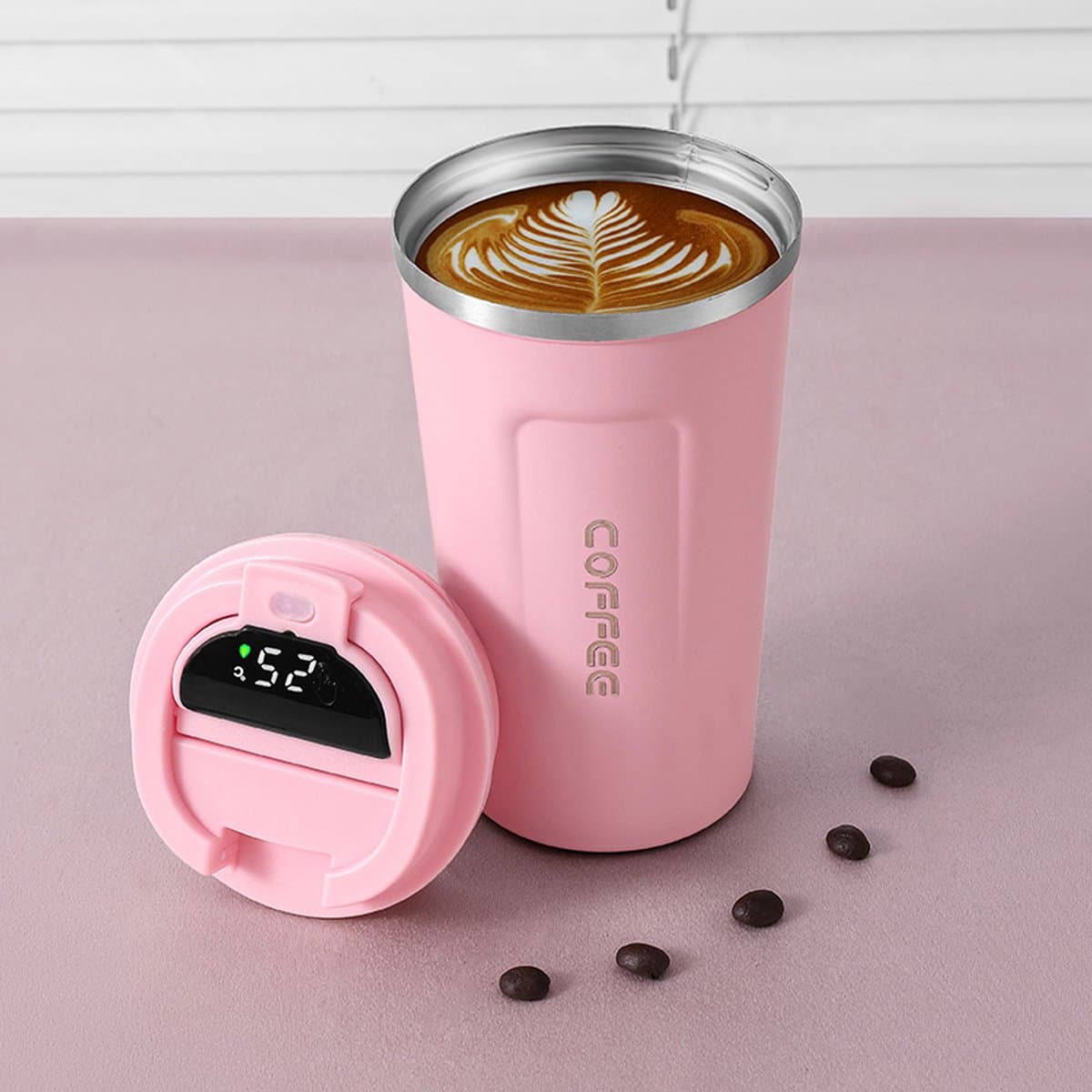 Koffiemok met Temperatuurdisplay 380 ml - Roze