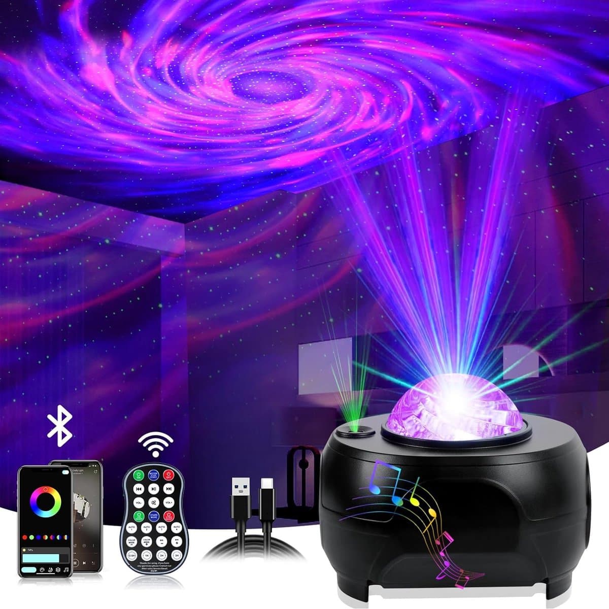 360° Rotation Star Projector met App Control - 28 Lichteffecten en 7 Kleuren - 3D Galaxy Projectorlamp - RGB Dimmende Bluetooth Luidspreker - Sterrenhemel Projector .