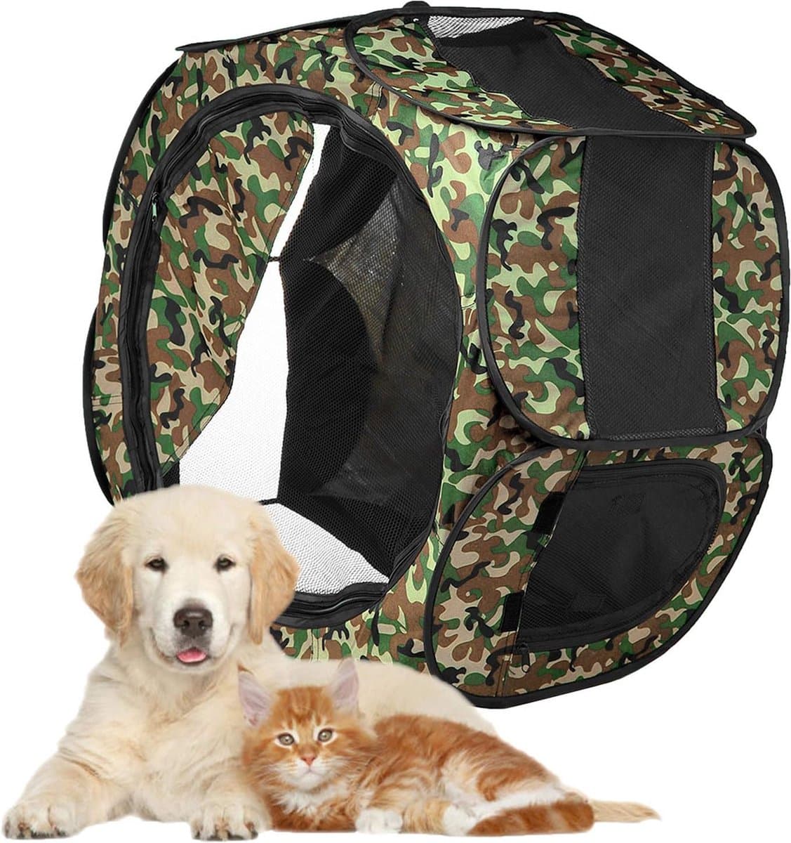 Opvouwbare huisdierentent 8-panel mesh huis puppy box kennel voor hond kat konijn (80 * 57cm, camouflage groen)