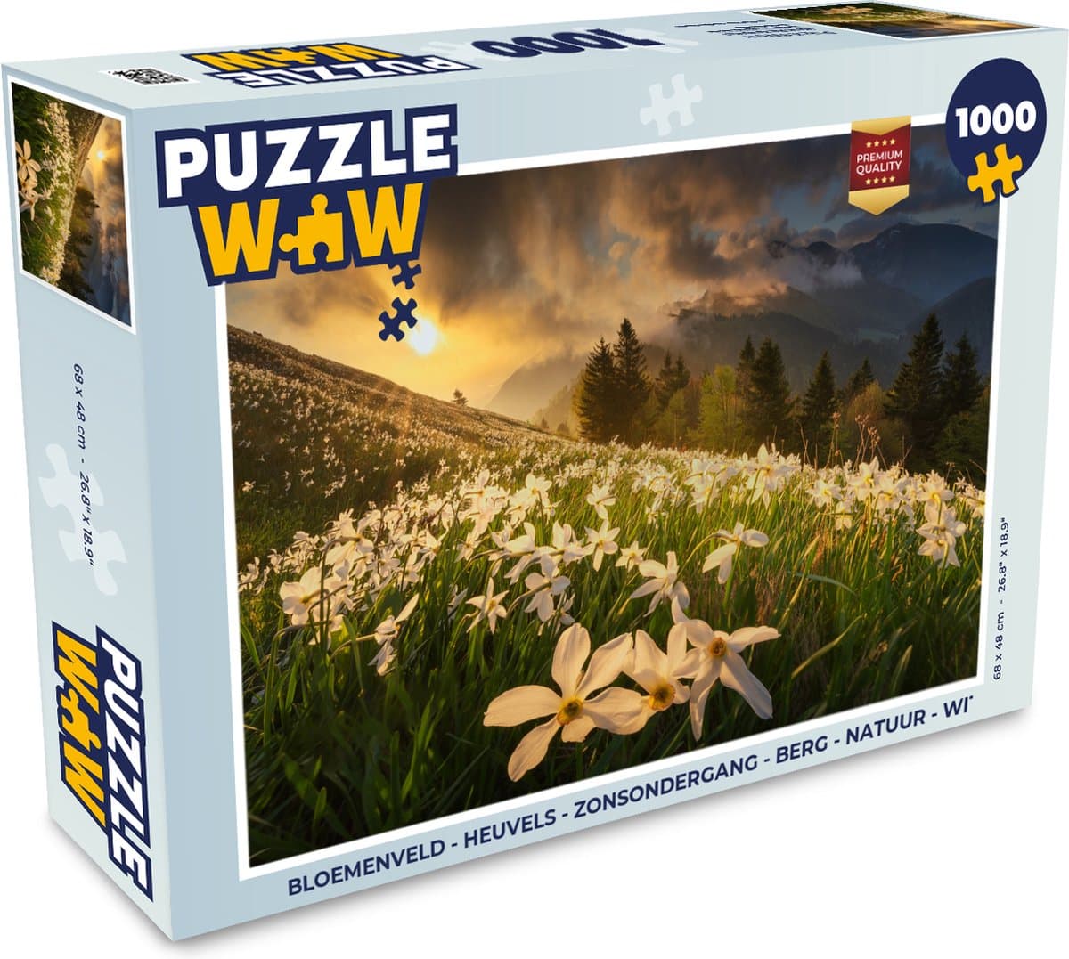 Puzzel Bloemenveld - Heuvels - Zonsondergang - Berg - Natuur - Wit - Heuvels - Legpuzzel - Puzzel 1000 stukjes volwassenen