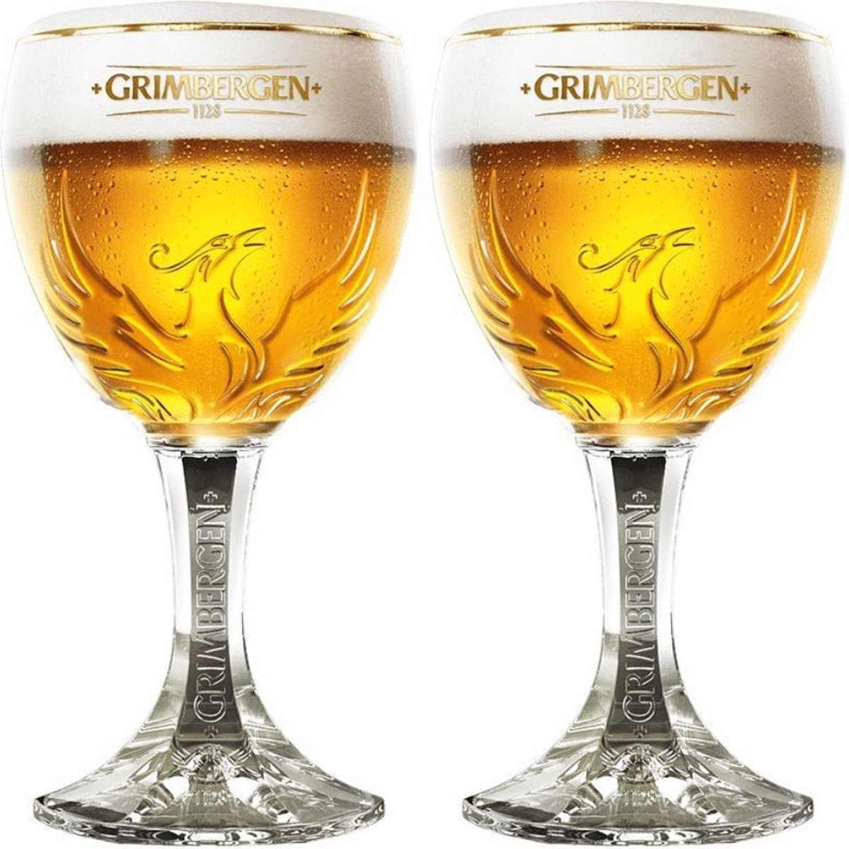 Grimbergen Bierglazen op Voet - Set van 2 glazen - Perfect voor het serveren van bier - Helder glas van 330 ml - Vaatwasserbestendig - Glas - 185 mm hoog - Glaswerk - Bierglazen