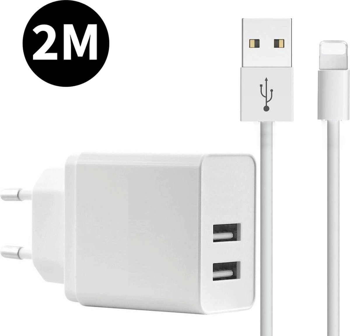 USB Lader met Oplaadkabel 2 Meter - Geschikt voor iPhone X en ouder - 2 Poorten - USB A - 12 Watt