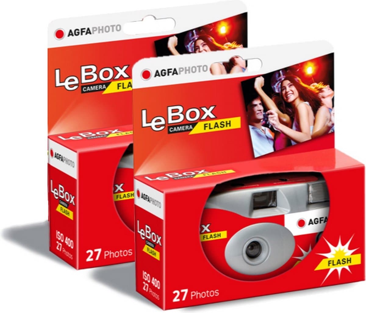 AGFA PHOTO PACK 2 x 601020 – Wegwerpcamera LeBox Flash, 27 foto’s, Optisch objectief 31 mm – Grijs en Rood