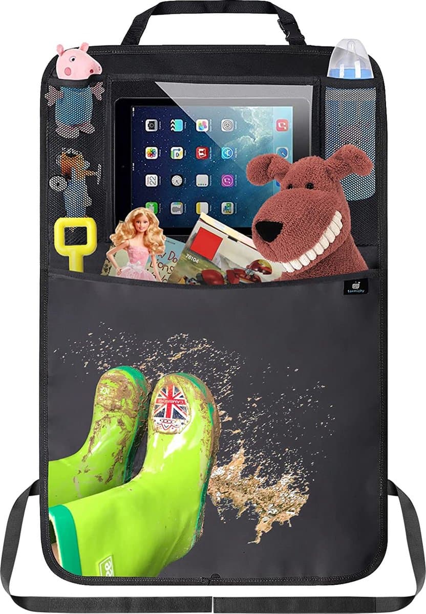 Termichy Rugleuningbeschermer voor autostoelen, beschermt je rugleuning tegen trappende kindervoetjes, organizer, doorzichtig extra groot iPad-/tabletvak, 1 stuks