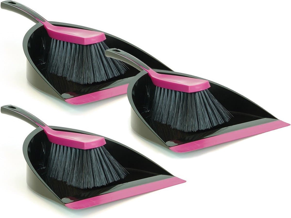 Sorbo Stoffer en blik zwart/roze - 3x - kunststof kamerveger/handveger met blik - for inside