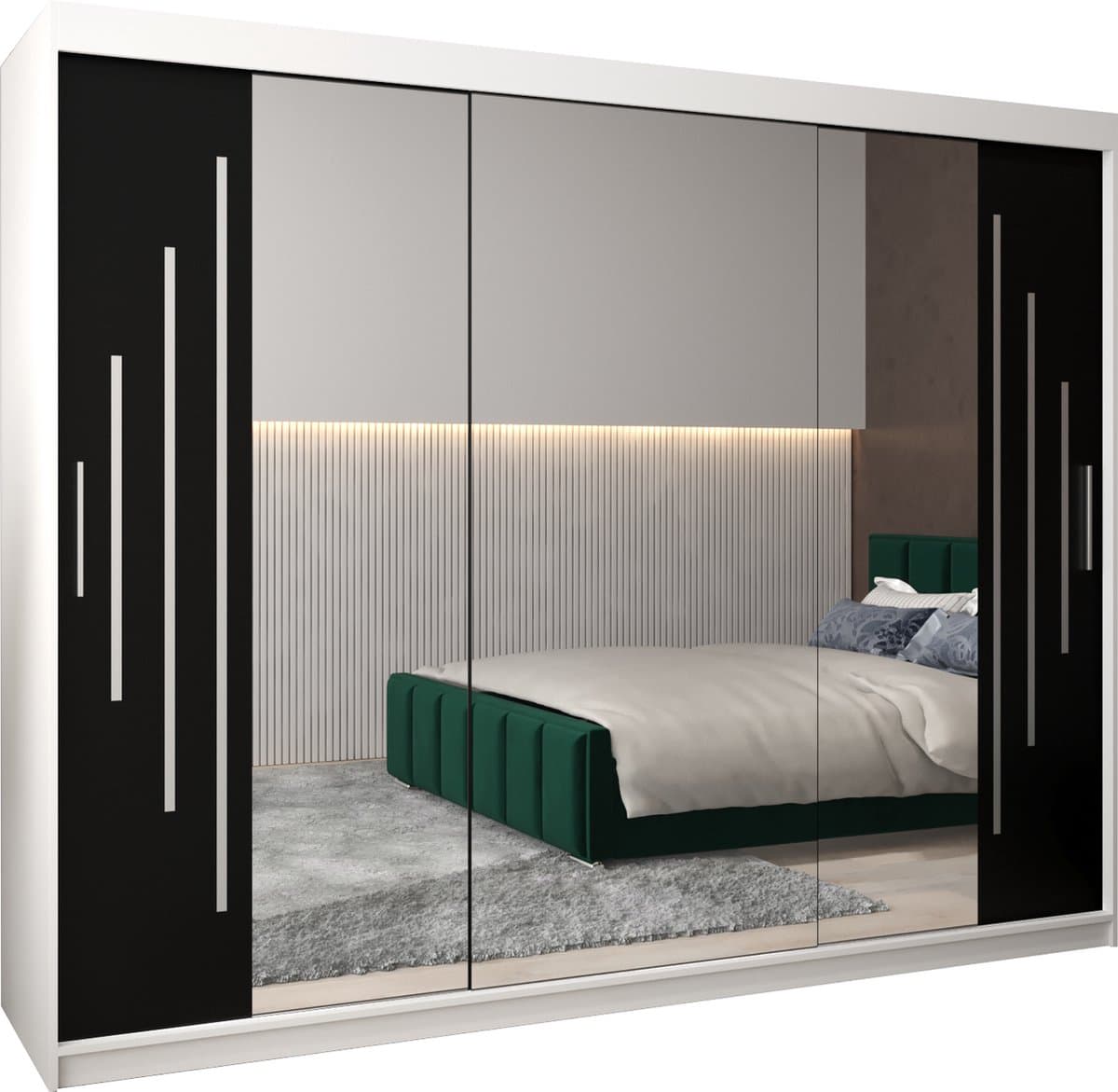 InspireMe - Kledingkast met 3 schuifdeuren, Modern-stijl, Een kledingkast met planken en een spiegel (BxHxD): 250x200x62 - MALTESE II 250 Wit Mat + Zwart