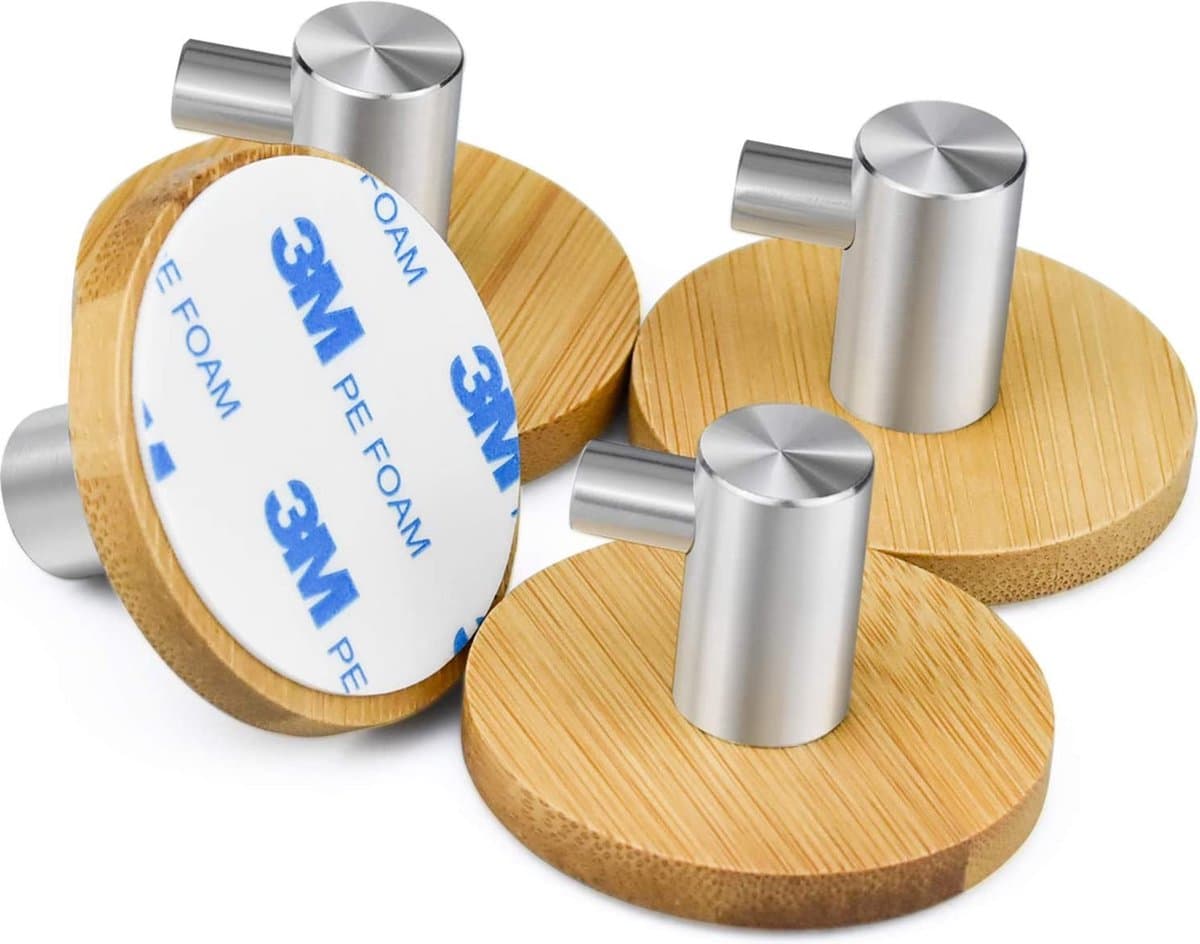 *** Zelfklevende Haken - Bamboe Haken -  3 stuks RVS - Bamboe - Handdoek Haken - Bamboe Muur Haak - Plakken - Badkamer haken-Toilet - Keuken haken- van Heble® ***