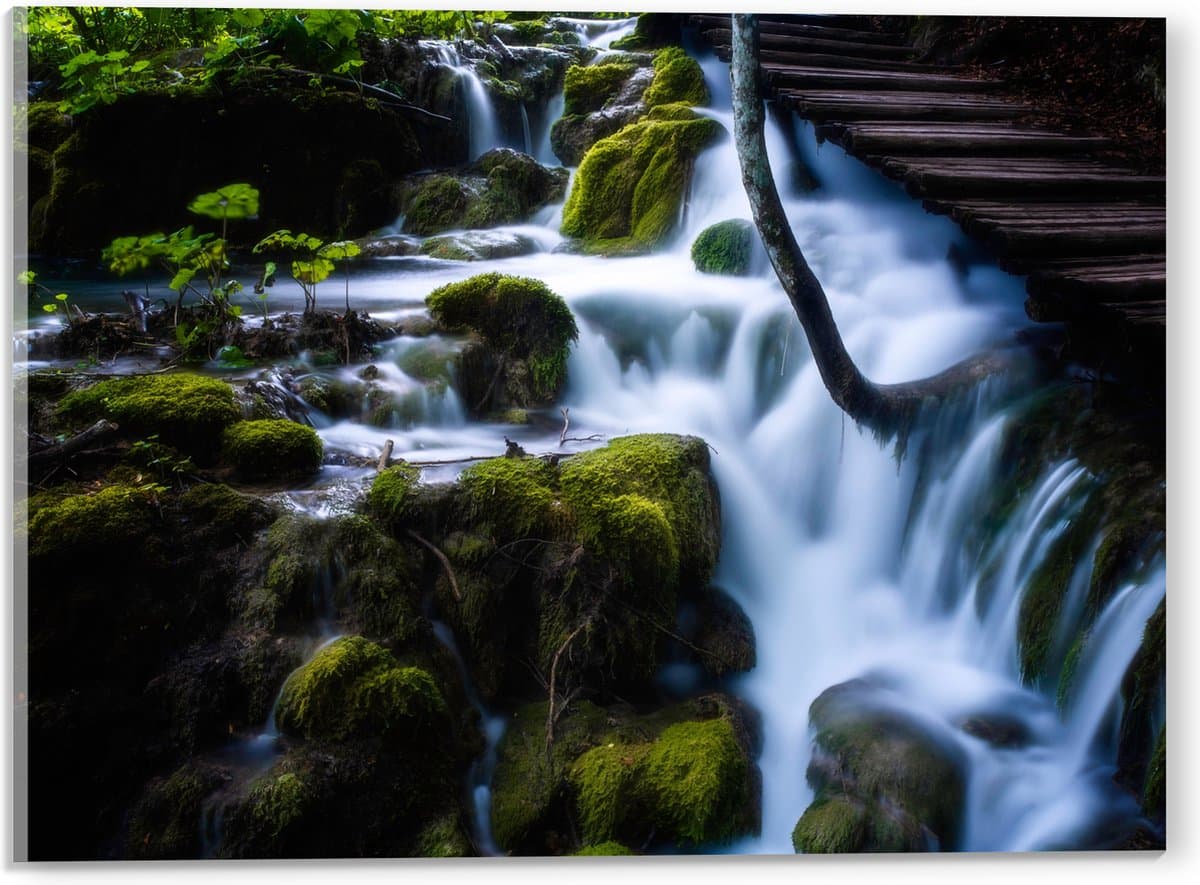 Acrylglas - Brug boven Waterval - 40x30 cm Foto op Acrylglas (Wanddecoratie op Acrylaat)