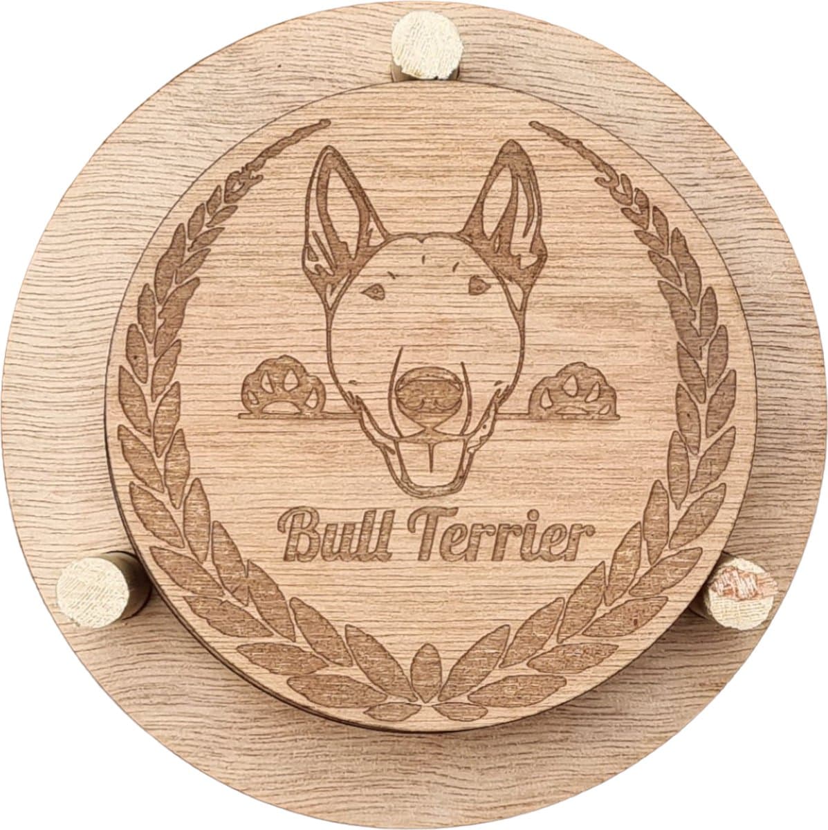 K9 World by van der Veeke, onderzetters met Bullterrier, gegraveerd op hout